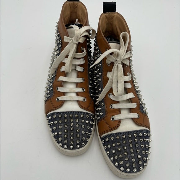 Christian Louboutin Men's Spiked Denim Leather High Top Sneakers - Picture 3 of 7